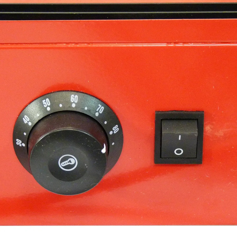 Red control panel of the KuKoo 60cm Wide Glass Food Warmer featuring a temperature dial and an on/off switch for easy operation