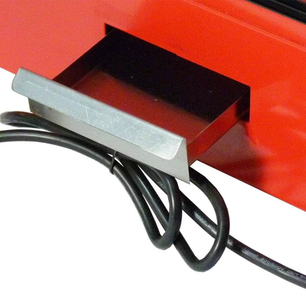 Sleek red KuKoo 60cm wide glass food warmer with a stainless steel drawer and black power cord, designed for efficient food display