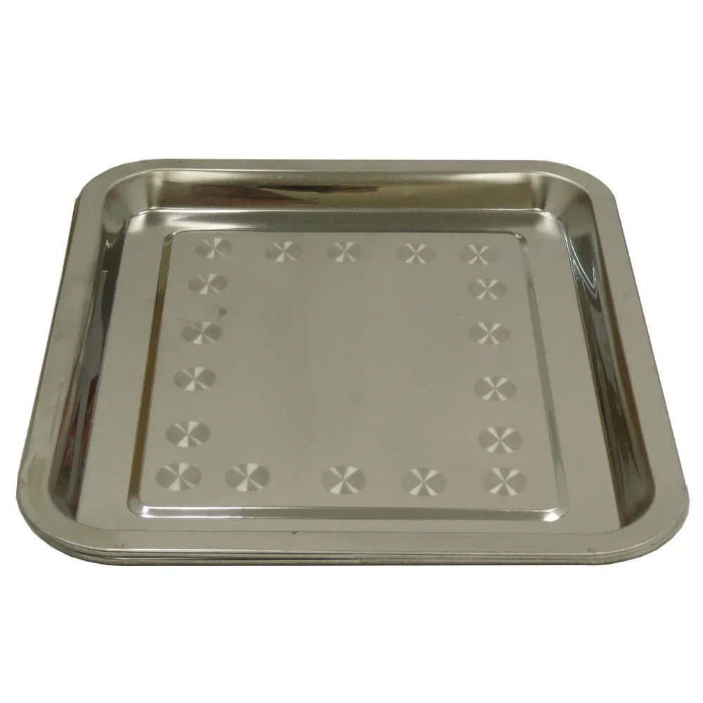 Stainless steel tray with a smooth surface and decorative circular patterns, designed for use with the KuKoo 60cm Wide Glass Food Warmer