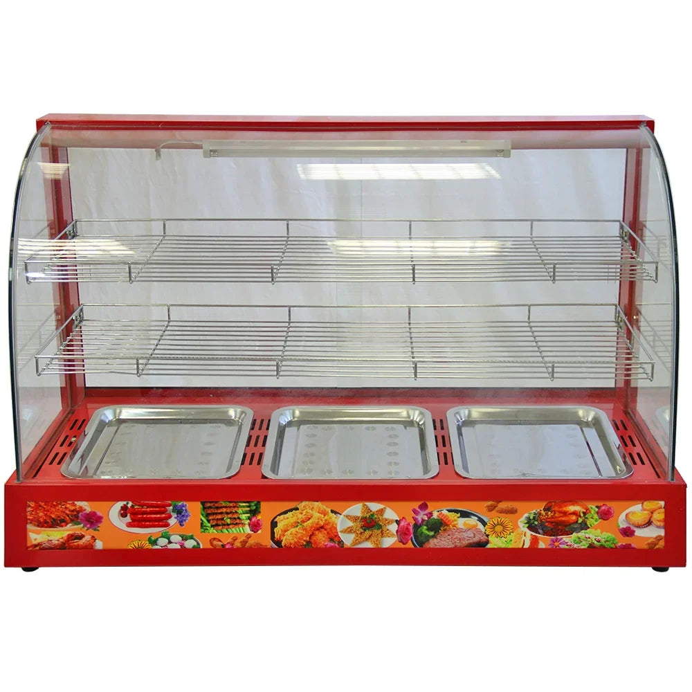 KuKoo 90cm wide glass food warmer with three stainless steel trays, red frame, and clear glass front for easy visibility
