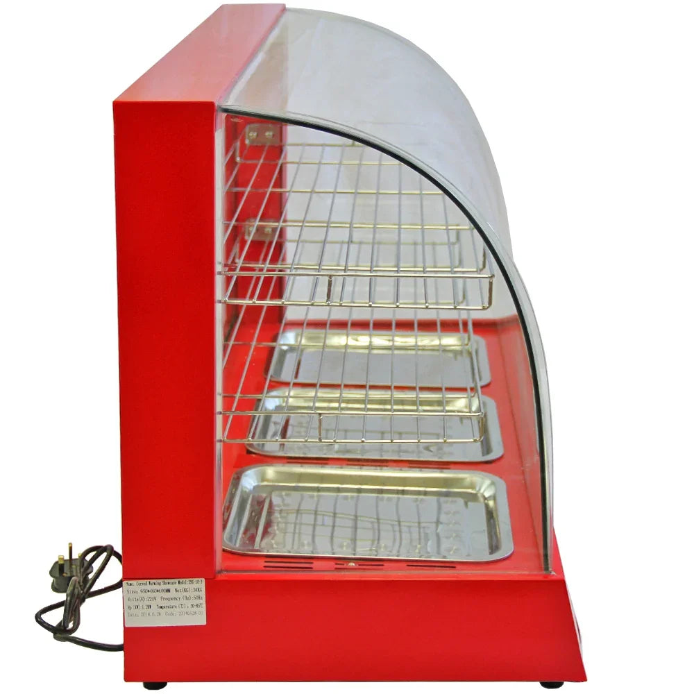 KuKoo 90cm wide glass food warmer with a vibrant red exterior, curved glass front, and three stainless steel trays for food display