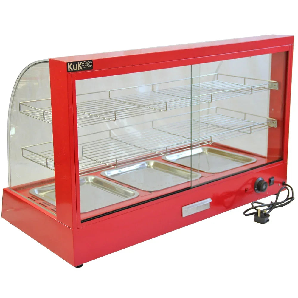 KuKoo 90cm wide glass food warmer with a vibrant red exterior, three wire shelves, and four stainless steel food pans for display