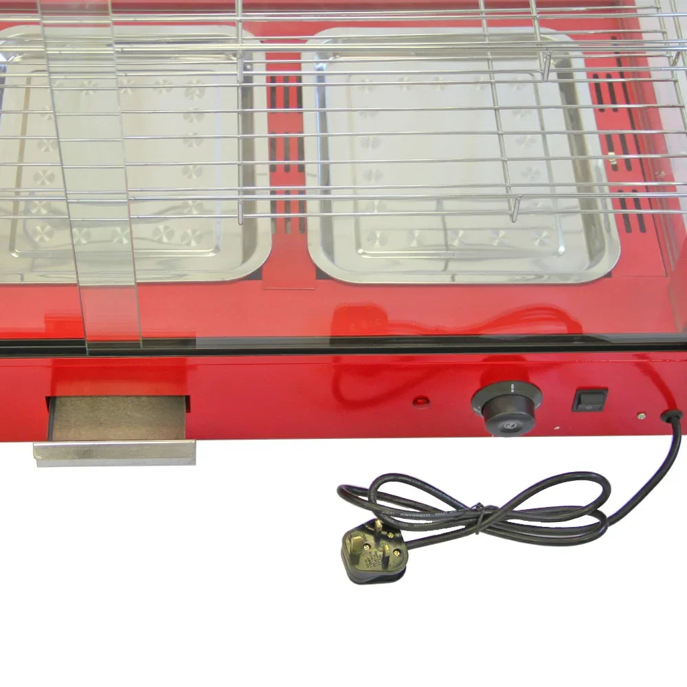 KuKoo 90cm wide glass food warmer with a vibrant red exterior, stainless steel trays, and a clear glass front for visibility