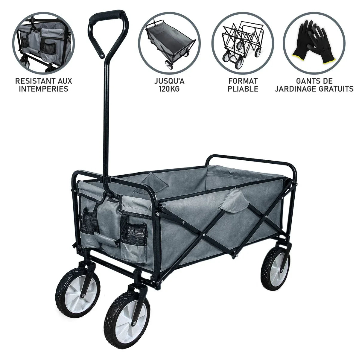 Foldable garden cart in grey with durable fabric, sturdy black frame, and large wheels for easy maneuverability, includes storage pockets