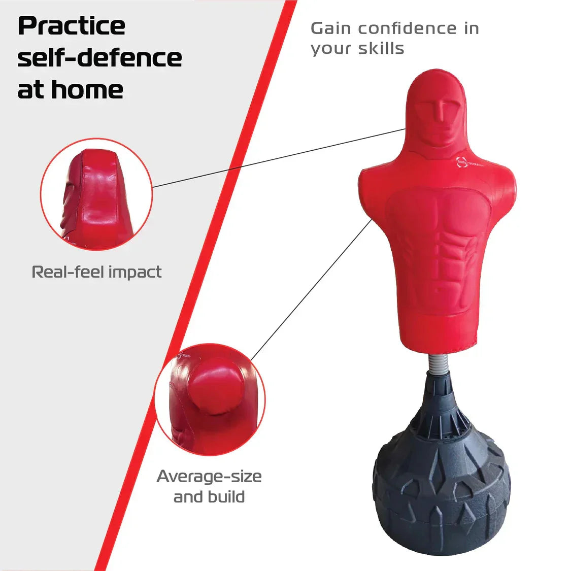 Medium free-standing boxing dummy in red with a muscular design, featuring a sturdy black base for stability and realistic impact training