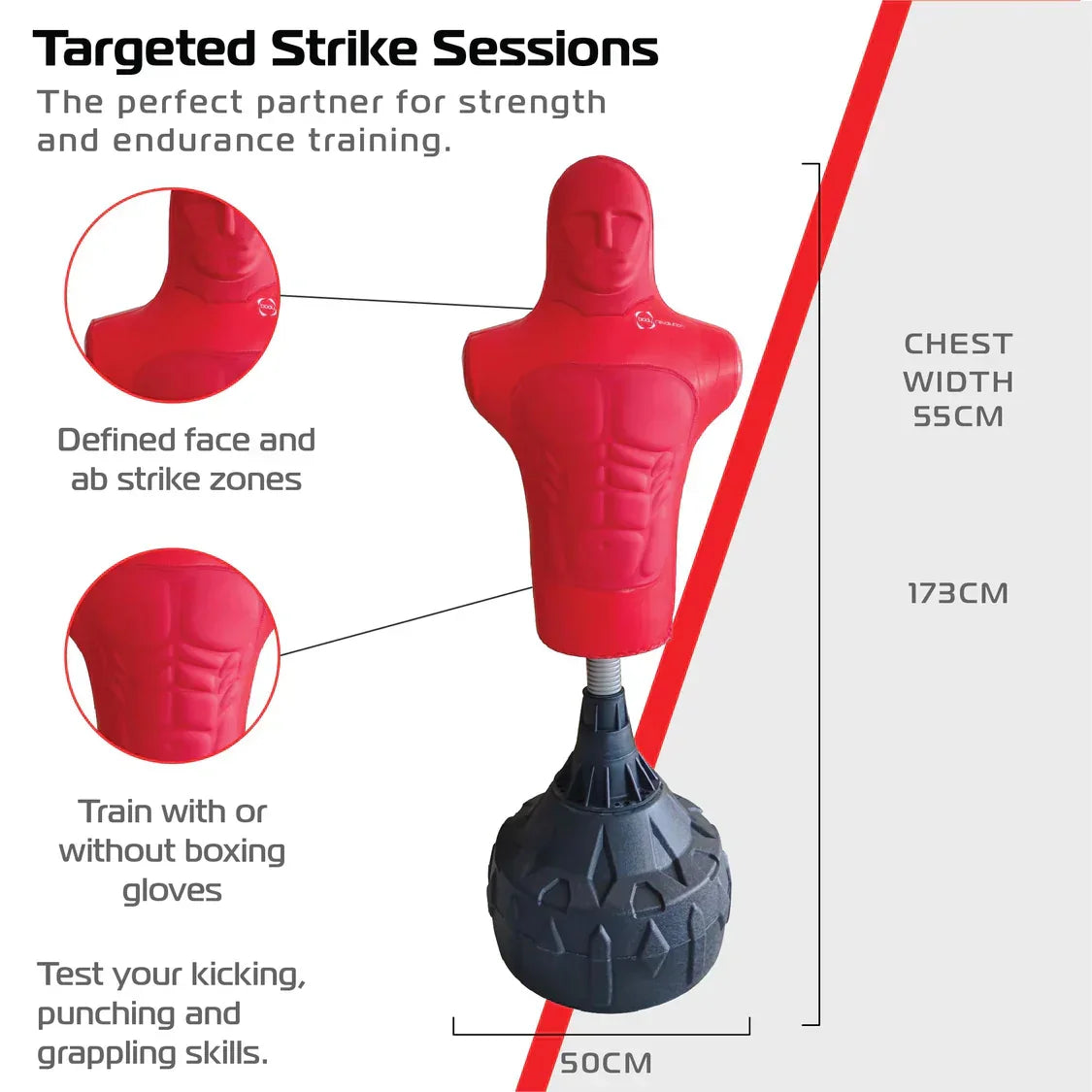 Medium free-standing boxing dummy with defined face and abs, red color, adjustable height, ideal for strength and endurance training
