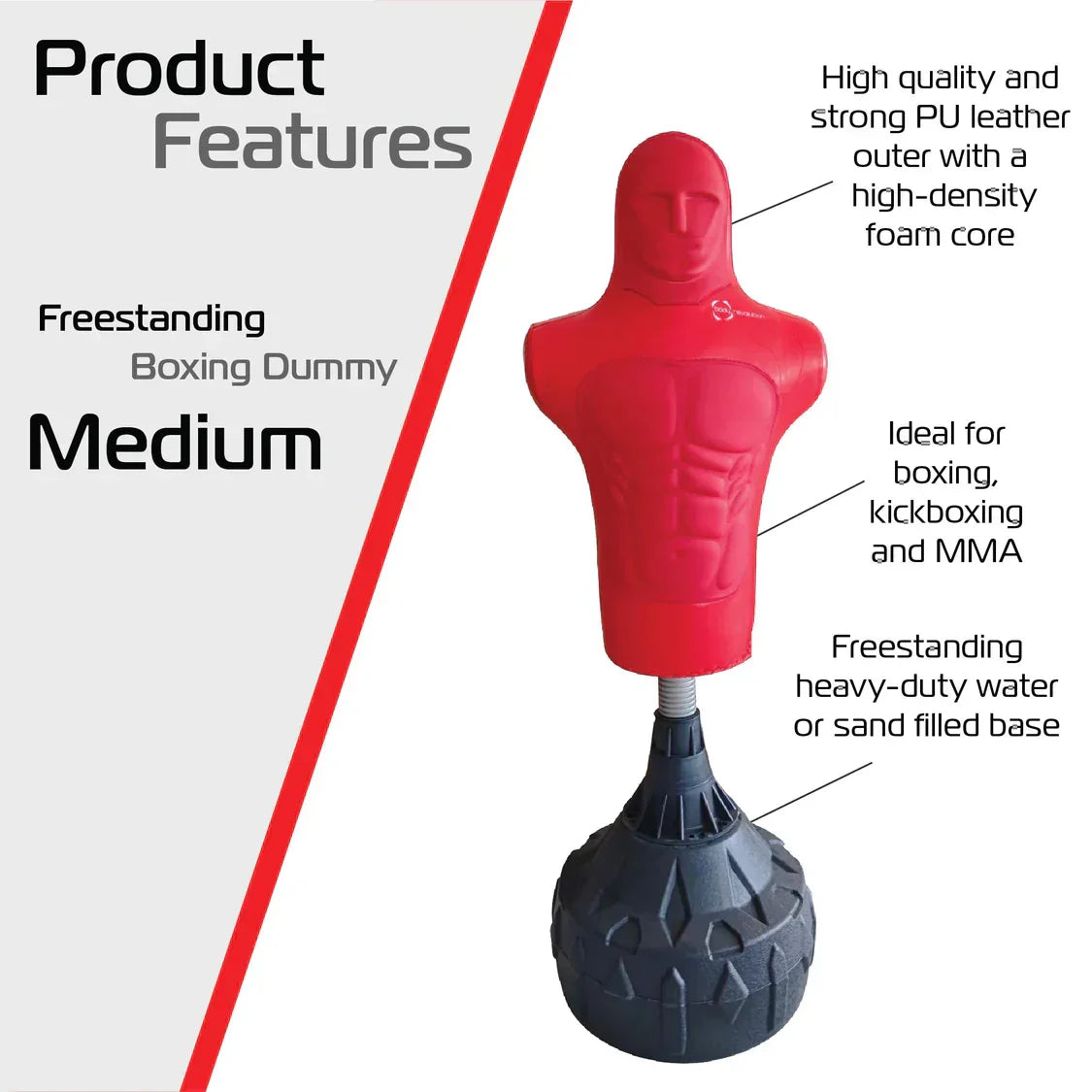 Medium free-standing boxing dummy with a red PU leather outer, high-density foam core, and a heavy-duty black base for stability