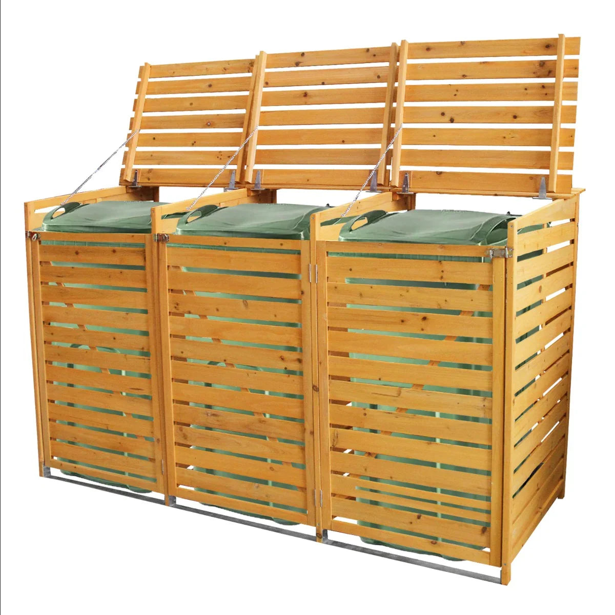 Triple wheelie bin storage unit with natural wood finish, slatted design, and green lids, perfect for outdoor waste management