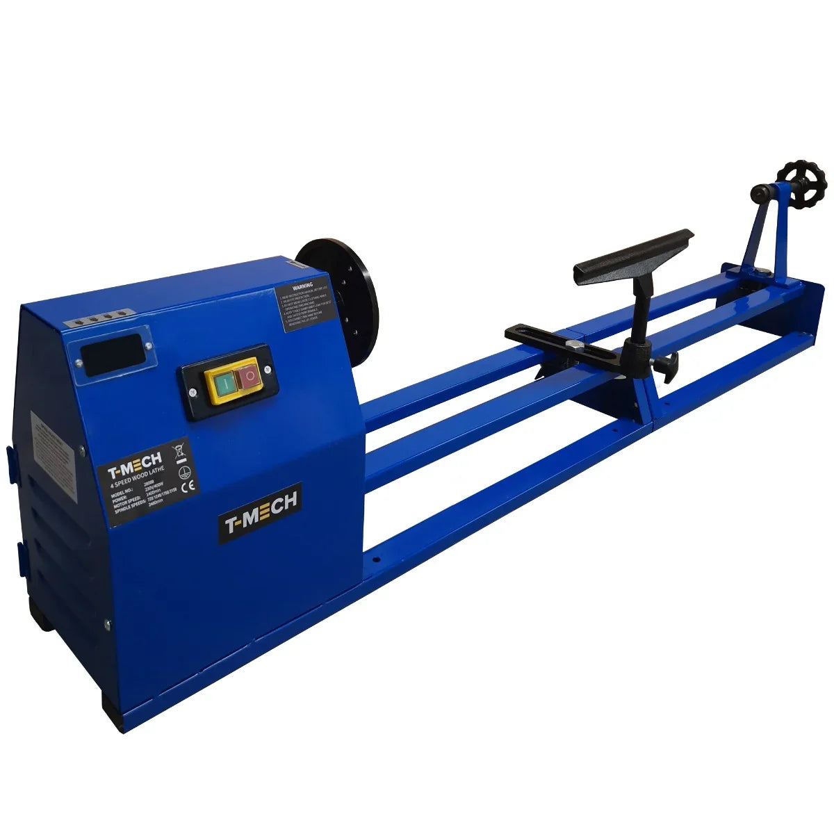 T-Mech wood lathe in vibrant blue, featuring a sturdy frame, adjustable tool rest, and user-friendly control panel for precision crafting