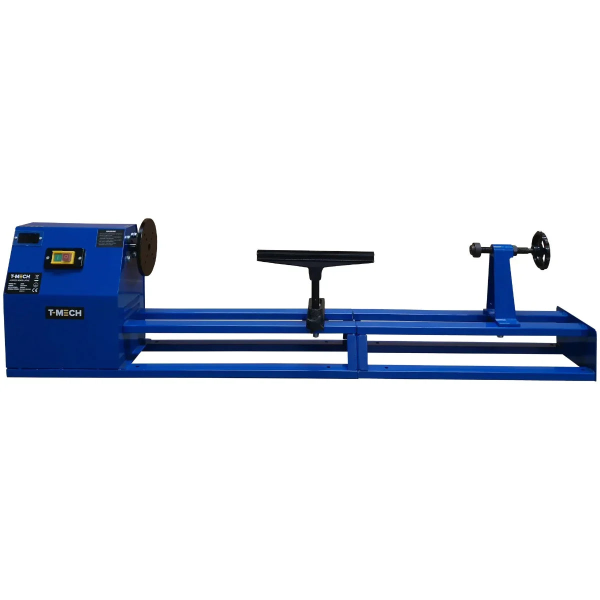 T-Mech Wood Lathe in vibrant blue, featuring a sturdy metal frame, adjustable controls, and precision turning capabilities for woodworking projects