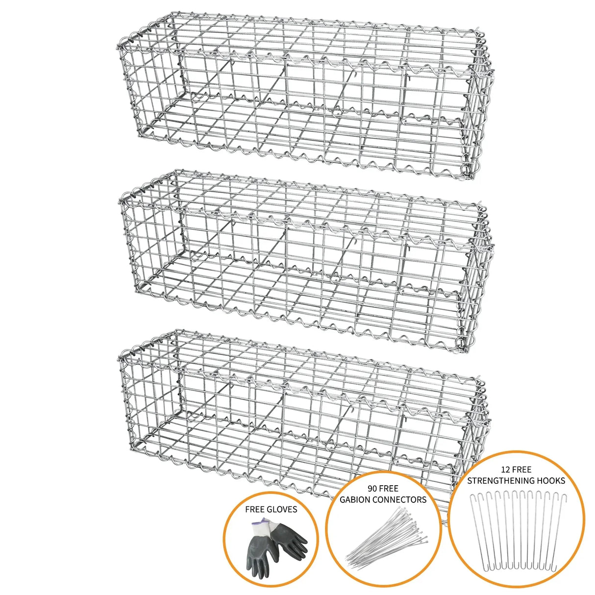 Galvanized steel gabion baskets, 100 x 30 x 30cm, three-pack, featuring a sturdy wire mesh design for landscaping and erosion control
