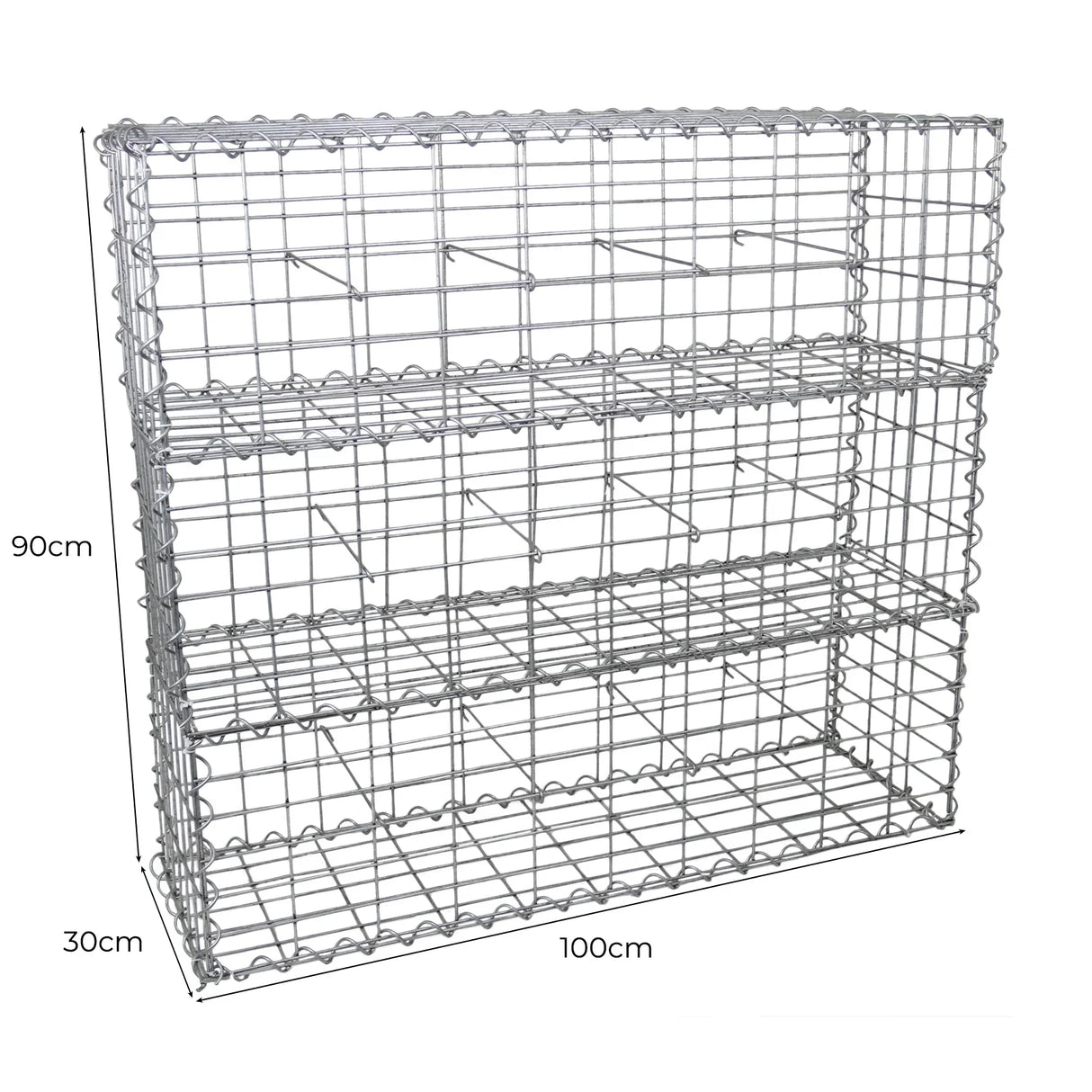 Galvanized steel gabion baskets, 100 x 30 x 30cm, featuring a sturdy wire mesh design, ideal for landscaping and erosion control