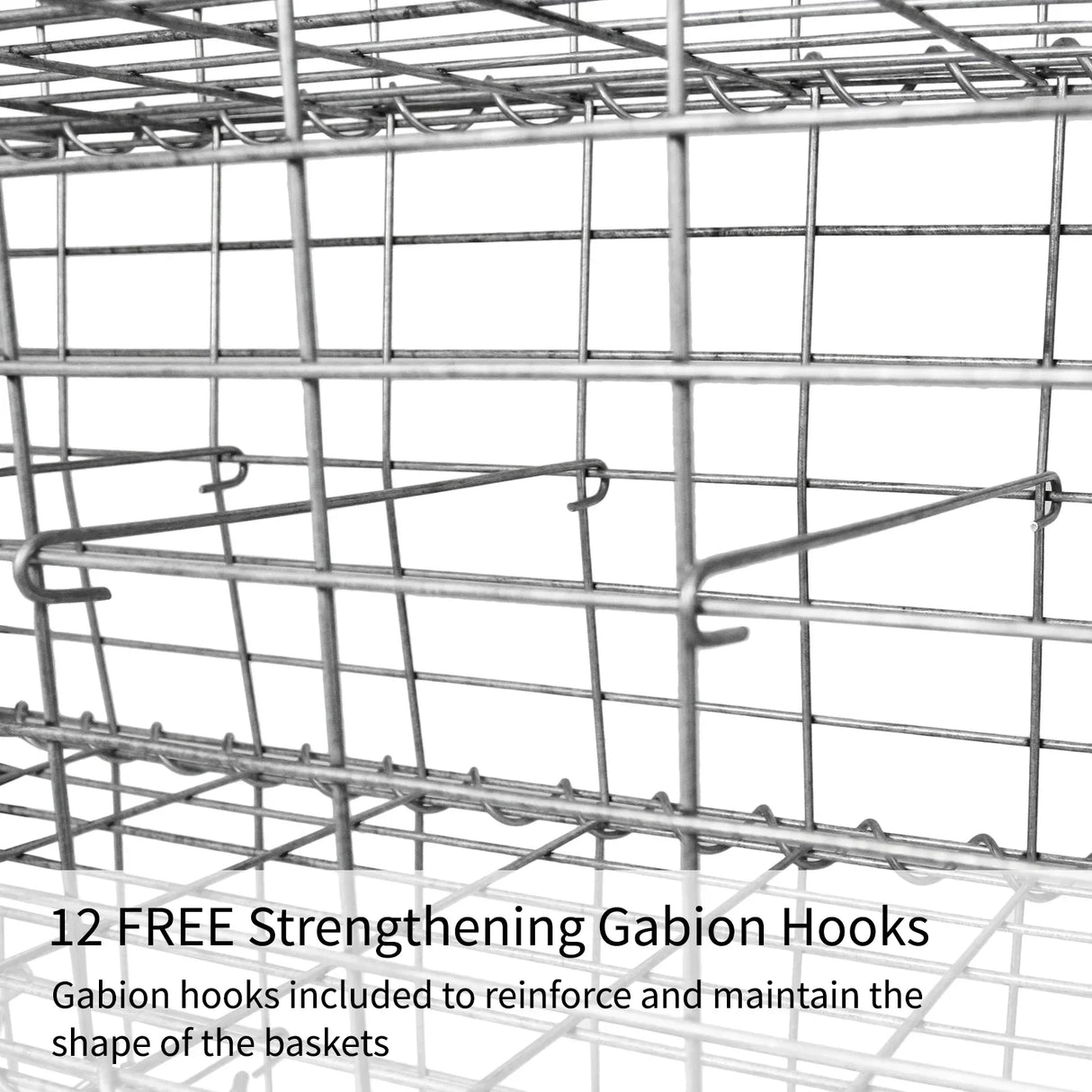 Metal gabion baskets in a grid design, showcasing 12 included strengthening hooks for stability and shape maintenance