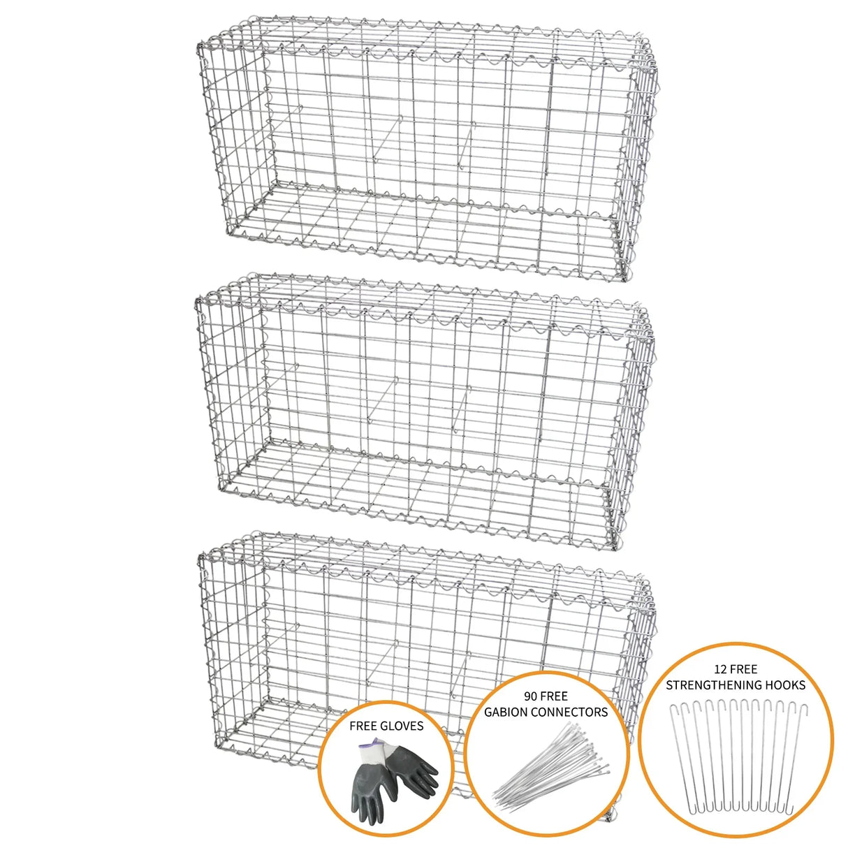 Galvanized steel gabion baskets, 100 x 50 x 30cm, three-pack, includes gloves, connectors, and strengthening hooks for landscaping projects