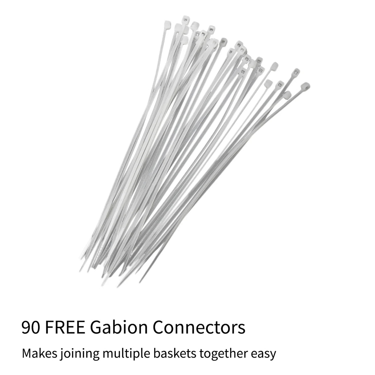 90 free white gabion connectors for easily joining multiple 100 x 50 x 30cm gabion baskets together, featuring durable metal construction