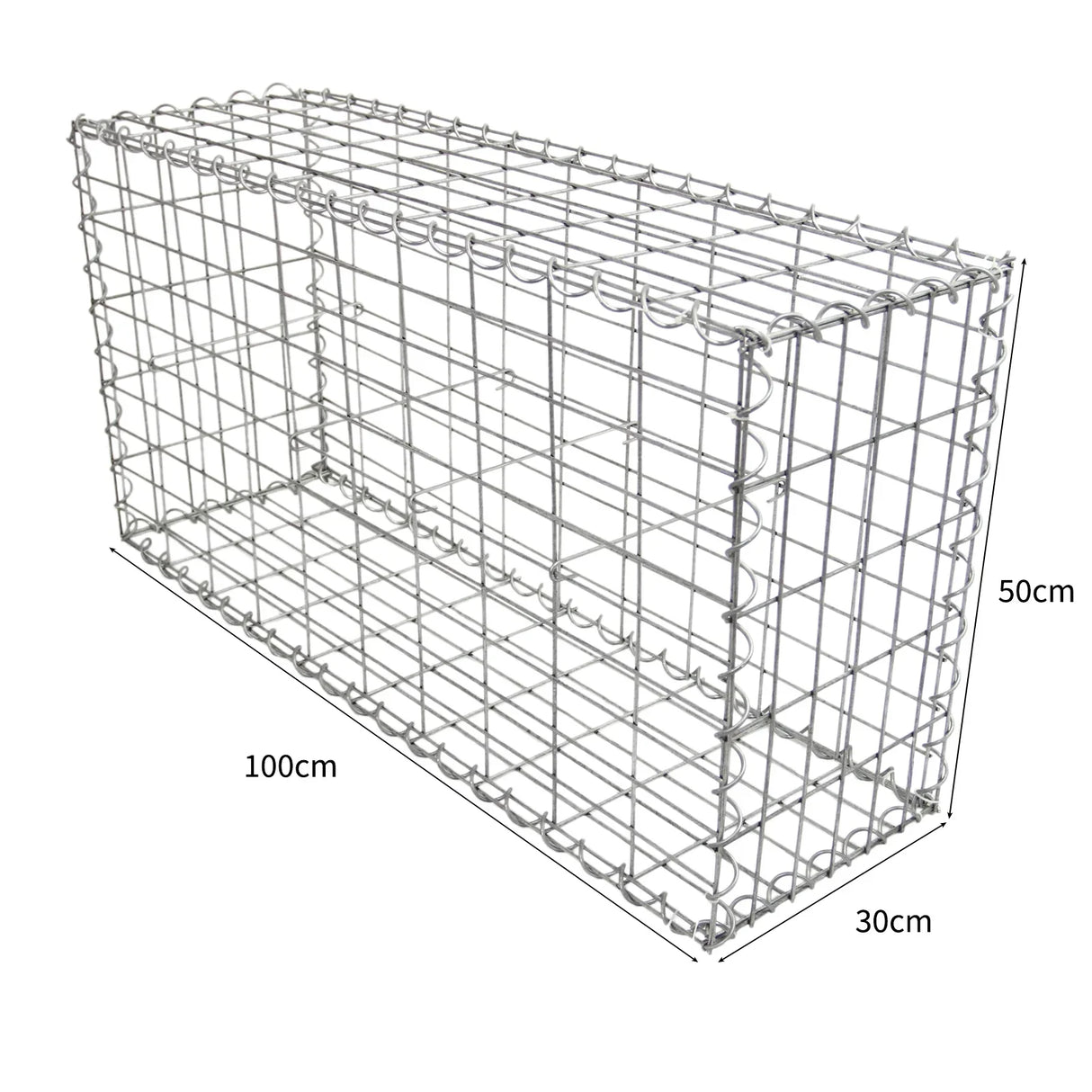 Galvanized steel gabion basket measuring 100 x 50 x 30cm, featuring a sturdy wire mesh design, ideal for landscaping and erosion control