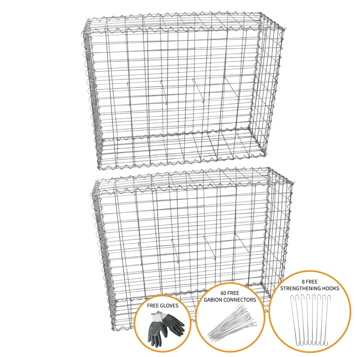 Galvanized steel gabion baskets, 100 x 95 x 30cm, two pack, featuring a sturdy wire mesh design, includes gloves and connectors