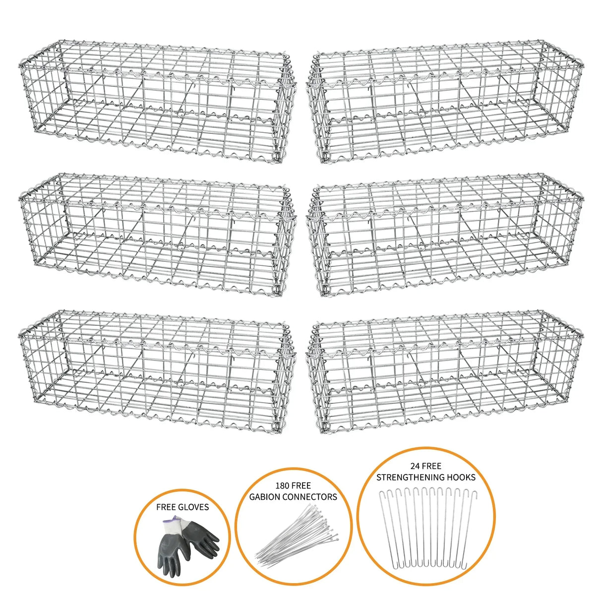 Galvanized steel gabion baskets set of six, each 100 x 30 x 30cm, with free gloves, connectors, and strengthening hooks included