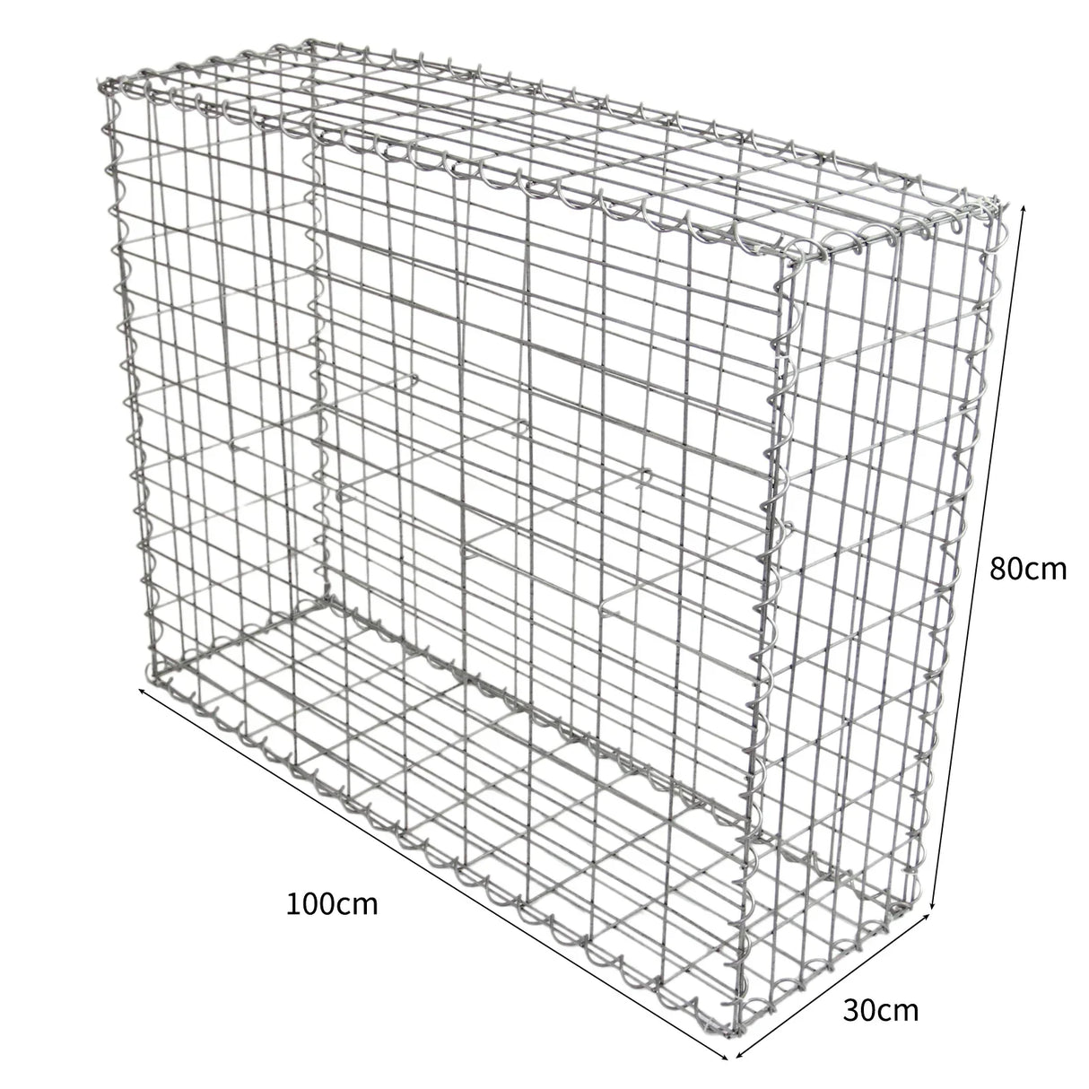 Galvanized steel gabion basket, measuring 100 x 80 x 30cm, featuring a sturdy wire mesh design, ideal for landscaping and erosion control