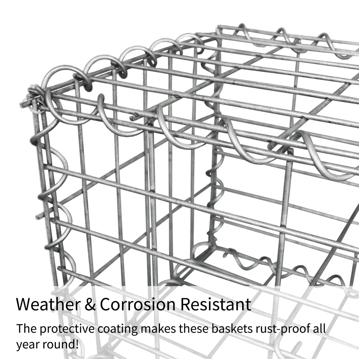 Galvanized steel gabion basket with weather-resistant coating, showcasing a sturdy wire mesh design, ideal for landscaping and erosion control