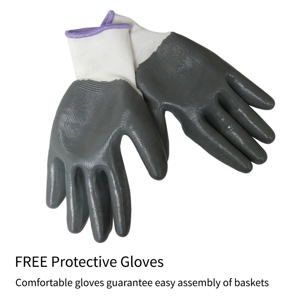 Gray and black protective gloves with textured grip, designed for comfortable assembly of Gabion Baskets, included free with purchase