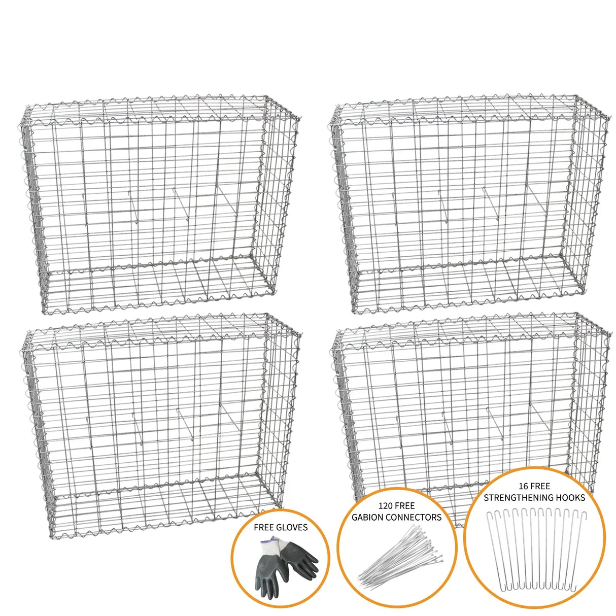 Galvanized steel gabion baskets, 100 x 95 x 30cm, set of 4, with free gloves, connectors, and strengthening hooks for landscaping projects