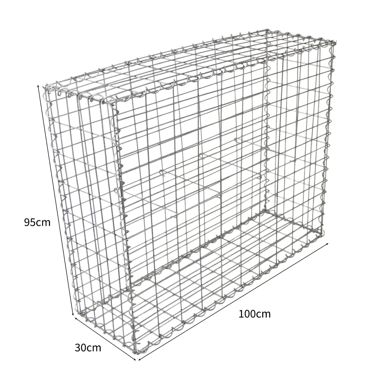 Galvanized steel gabion basket, measuring 100 x 95 x 30cm, features a sturdy wire mesh design, ideal for landscaping and erosion control