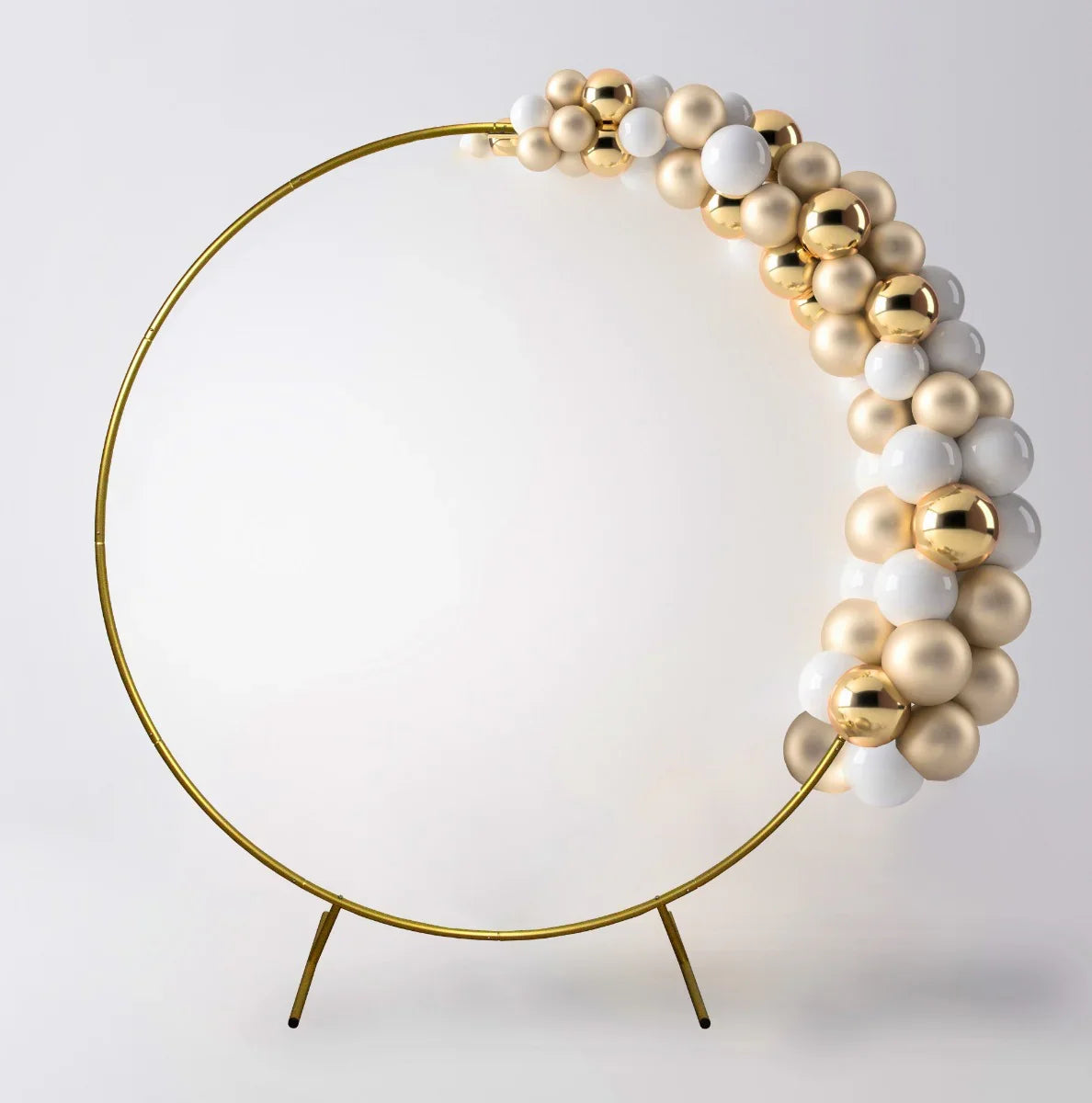 Elegant gold wedding moongate, 200cm, featuring a circular frame adorned with glossy white and gold balloons for a festive touch