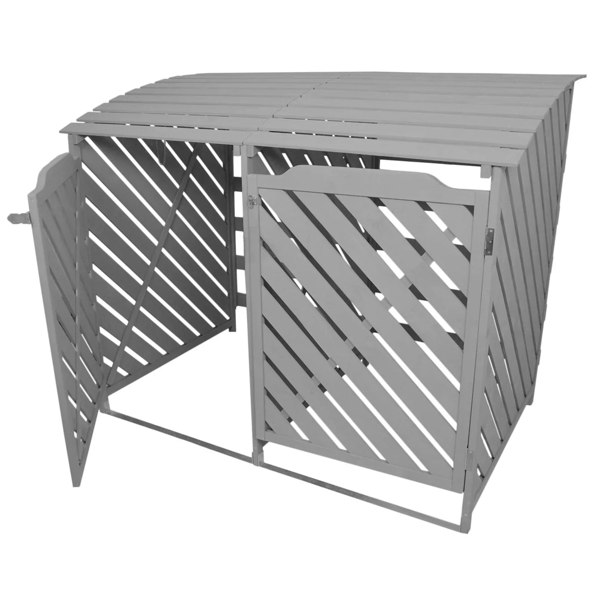 Grey wash wooden double wheelie bin storage with slatted design, featuring two doors and a sloped roof for easy access and ventilation