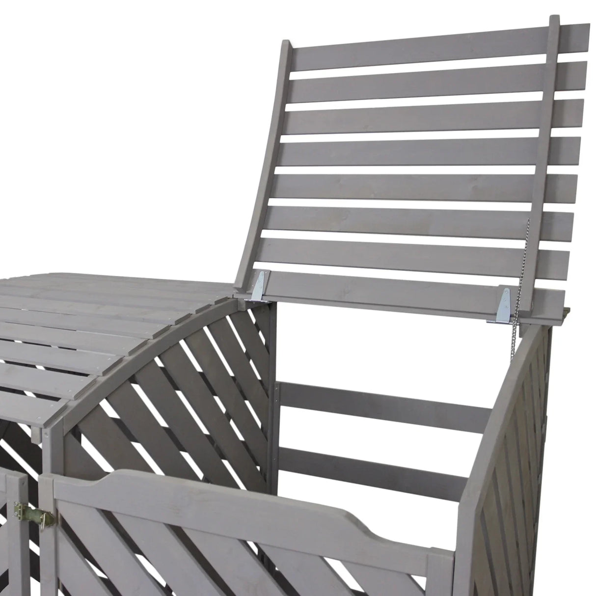 Grey wash double wheelie bin storage with slatted design, featuring a hinged lid for easy access and a rustic finish