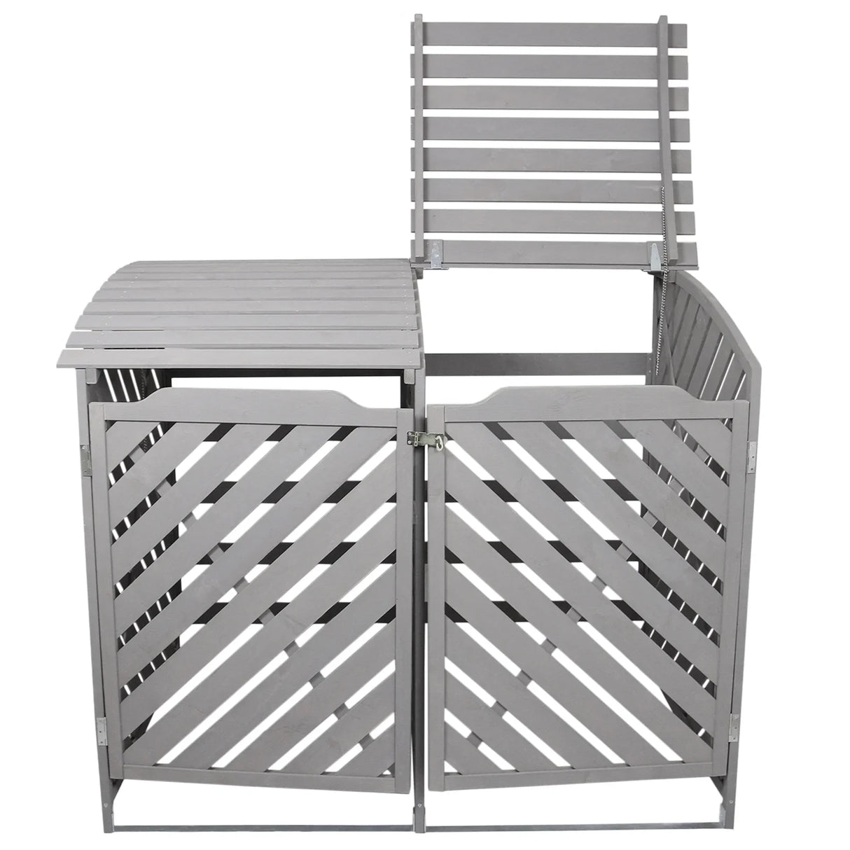 Grey wash double wheelie bin storage with slatted design, featuring two compartments and a hinged lid for easy access