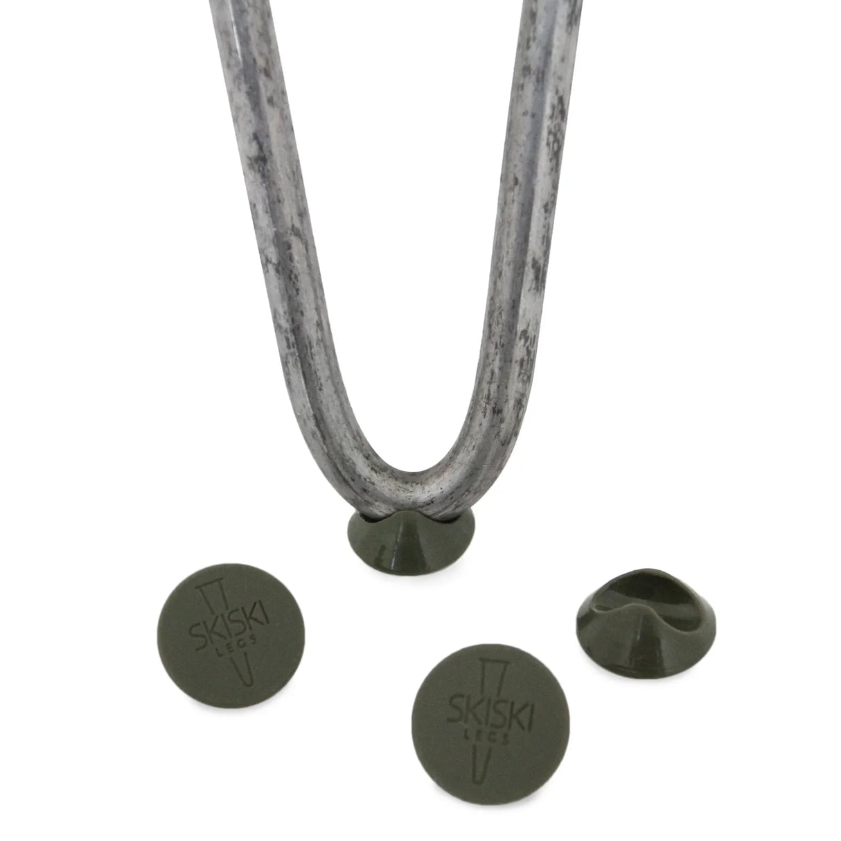 Raw steel 4 x 16" hairpin legs with three prongs, featuring a textured finish and rubber foot caps for stability