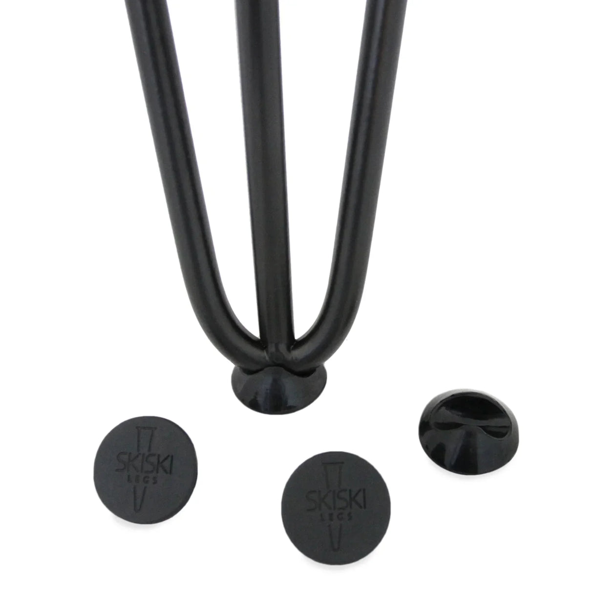 Black 12mm hairpin legs with a 3-prong design, featuring a sleek finish and protective pads for furniture stability and style
