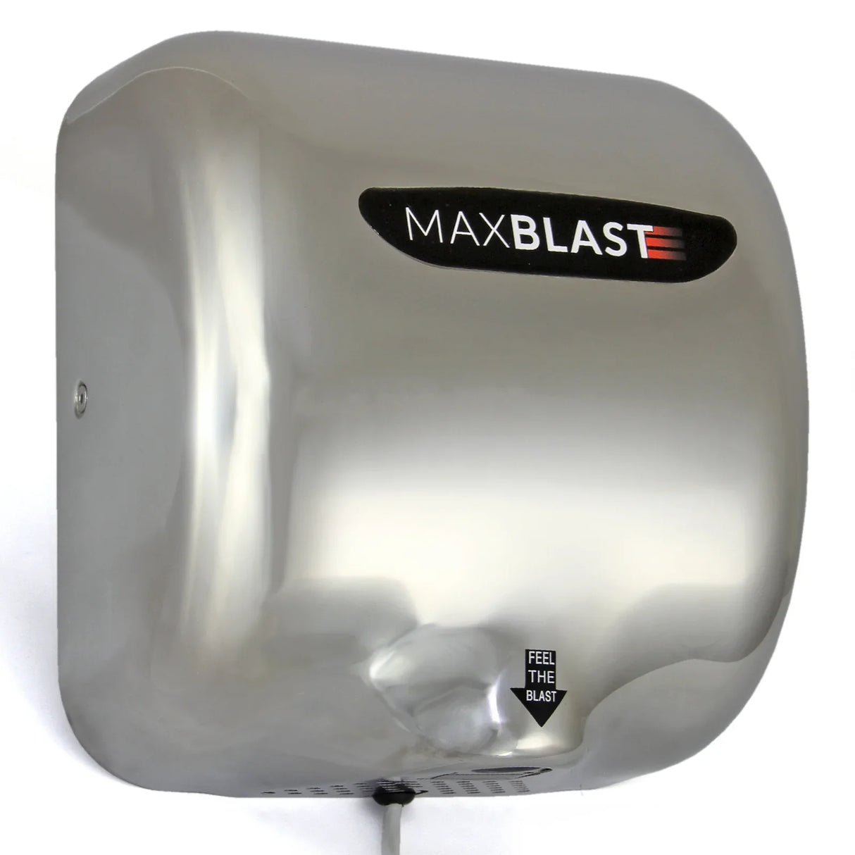 Sleek stainless steel MAXBLAST hand dryer with a modern design, featuring a powerful airflow and a compact shape for efficient drying