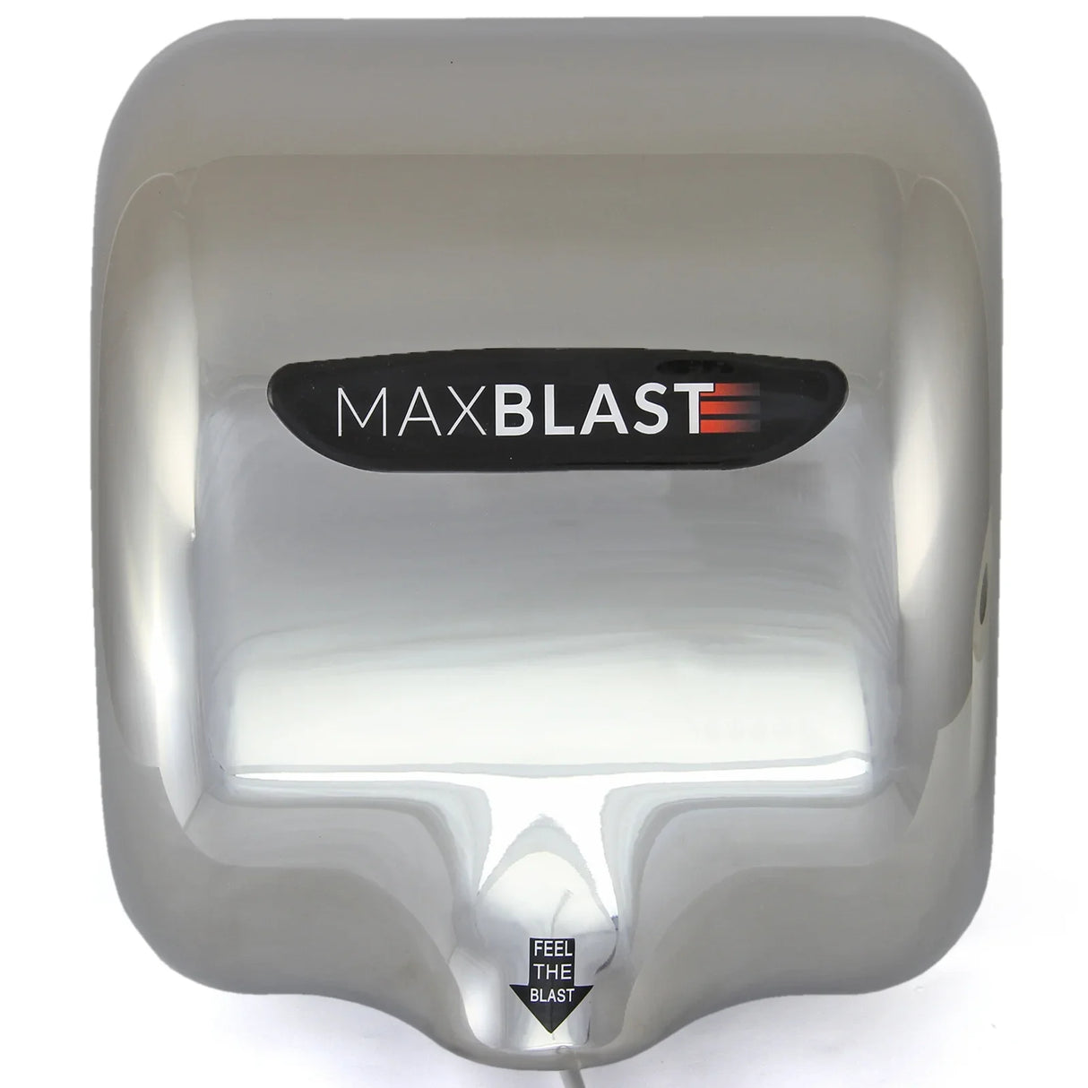 MAXBLAST hand dryer with a sleek chrome finish, modern design, and prominent logo, ideal for high-traffic restrooms