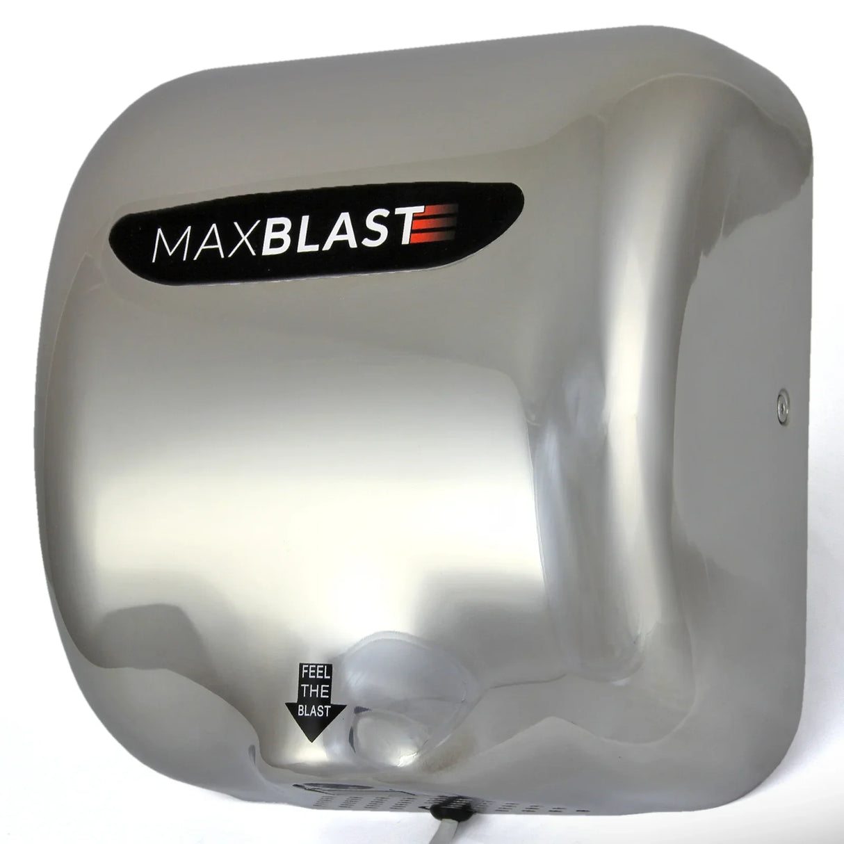 Sleek stainless steel MAXBLAST hand dryer with a modern design, featuring a prominent logo and smooth, reflective surface