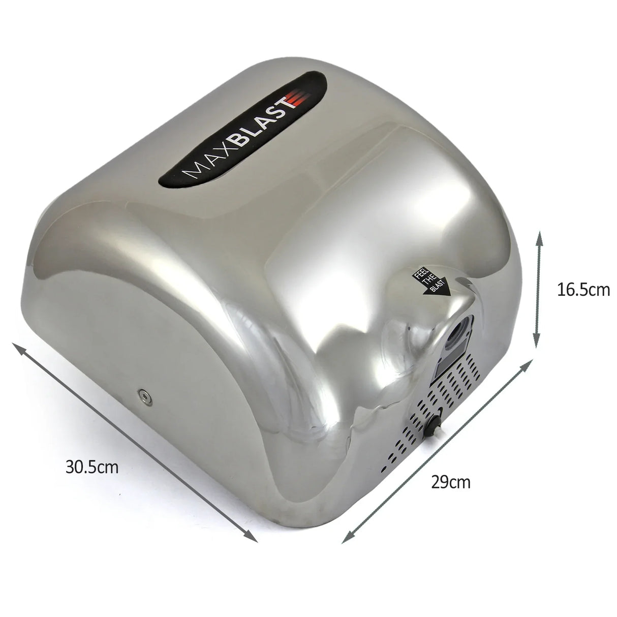MAXBLAST hand dryer in sleek stainless steel finish, featuring a modern design with dimensions of 30.5 x 29 x 16.5 cm