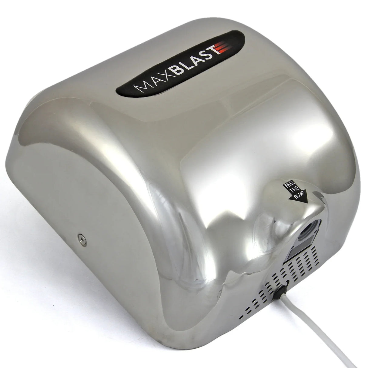 Sleek stainless steel MAXBLAST hand dryer with a polished finish, featuring a modern design and efficient air flow technology