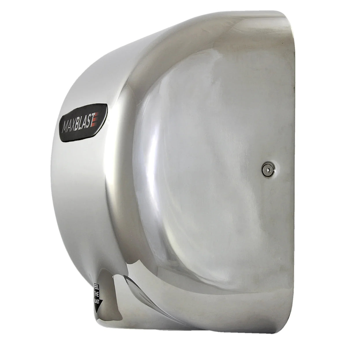 Sleek stainless steel MAXBLAST hand dryer with a modern design, featuring a smooth, curved surface and a prominent logo