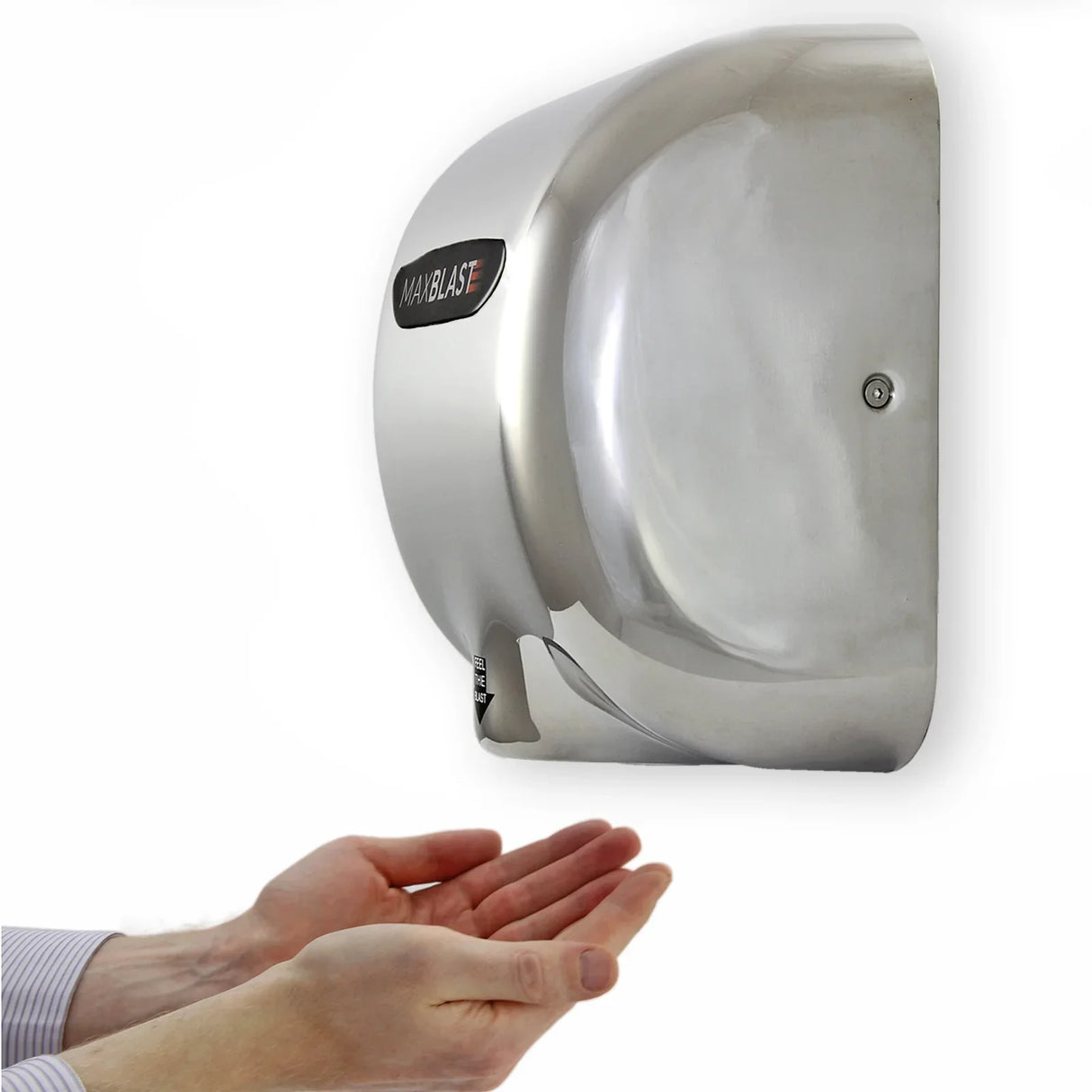 Sleek stainless steel MAXBLAST hand dryer mounted on a wall, with hands positioned underneath for drying, showcasing modern design