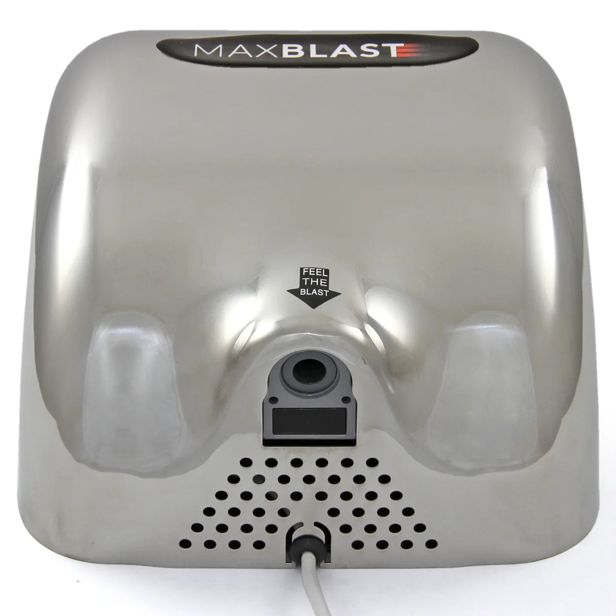 MAXBLAST hand dryer with a sleek stainless steel finish, featuring a powerful air outlet and modern design for efficient drying