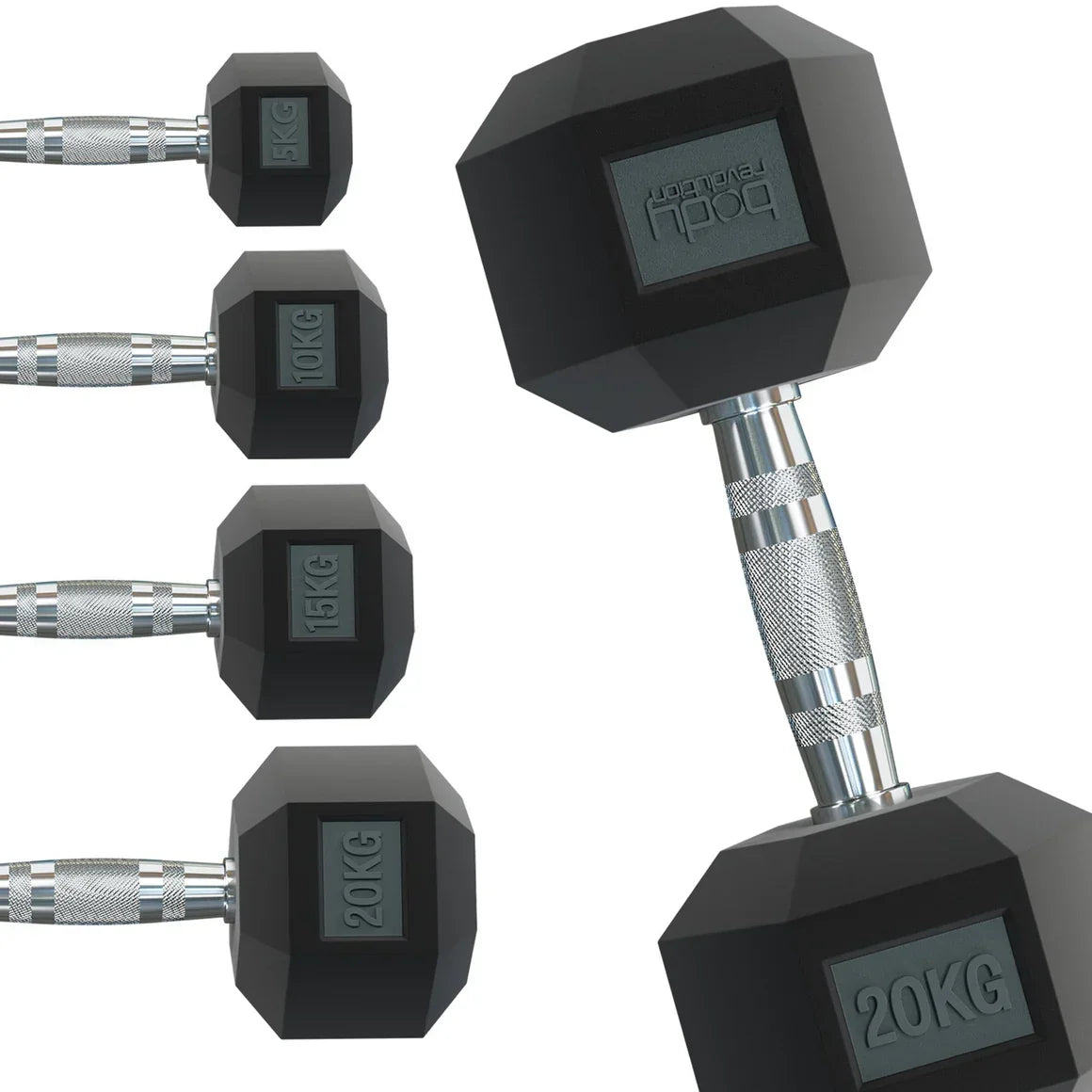 Black hex dumbbells in various weights, featuring a textured grip and clear weight markings, ideal for strength training and fitness