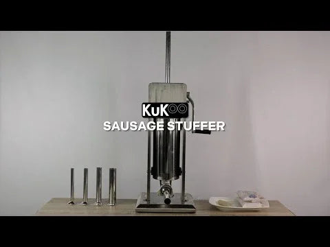 Kukoo 5 litre sausage stuffer in stainless steel with four metal nozzles, designed for easy home sausage making on a wooden surface