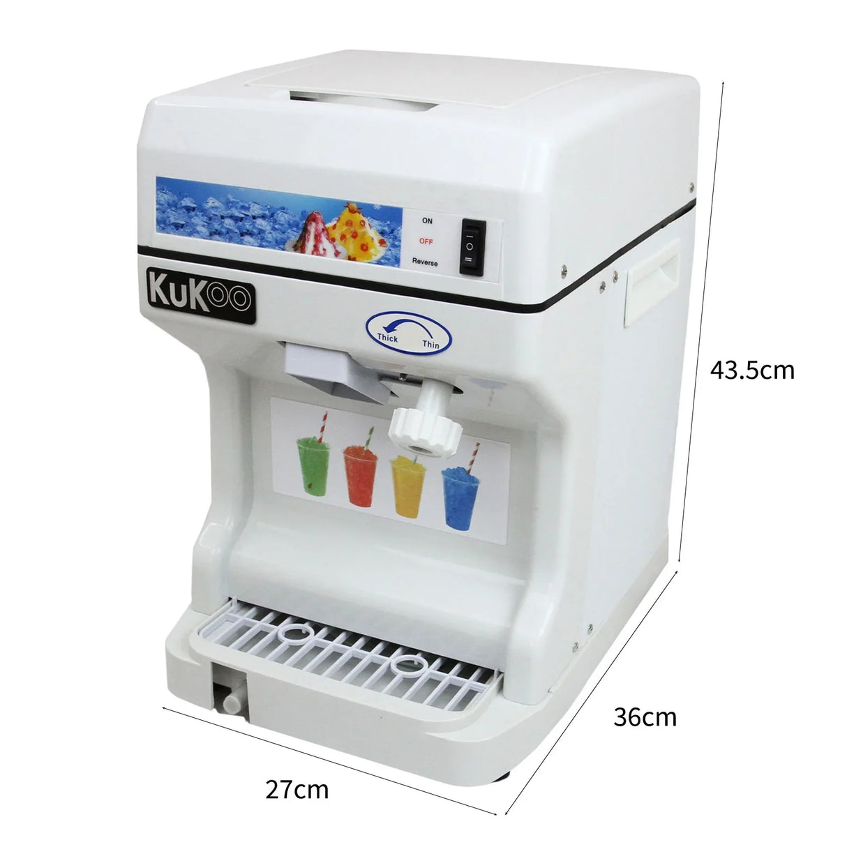 KuKoo Ice Shaver in white, featuring a sleek design, dimensions 43.5cm x 36cm x 27cm, ideal for creating shaved ice treats