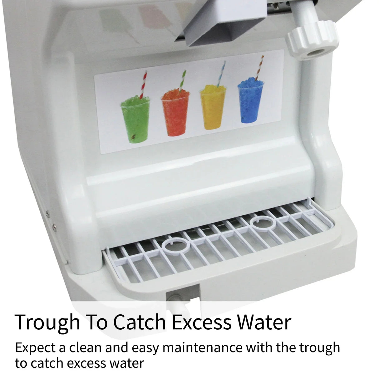 KuKoo Ice Shaver featuring a white body, a water catch trough, and a colorful graphic of slush drinks in red, yellow, and blue