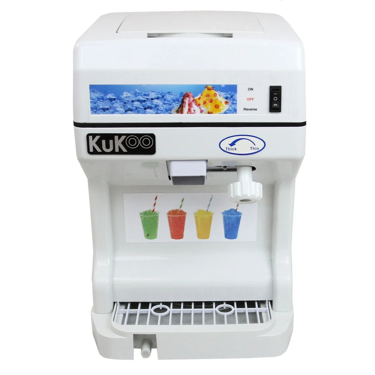 KuKoo Ice Shaver in white, featuring a control panel, a water splash graphic, and colorful shaved ice cups displayed below