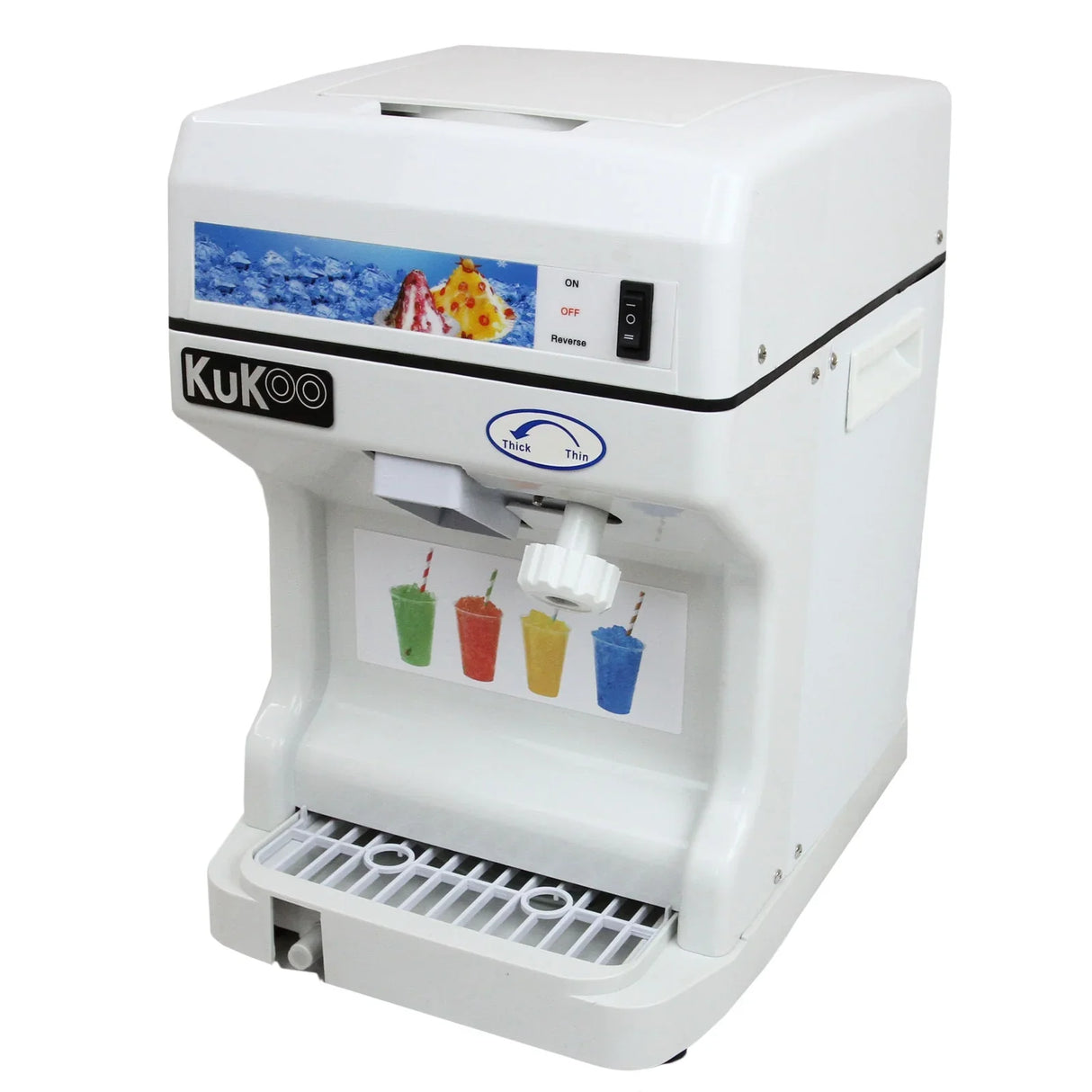 KuKoo Ice Shaver in white with a colorful snow cone graphic, featuring a front lever and a drip tray for easy serving