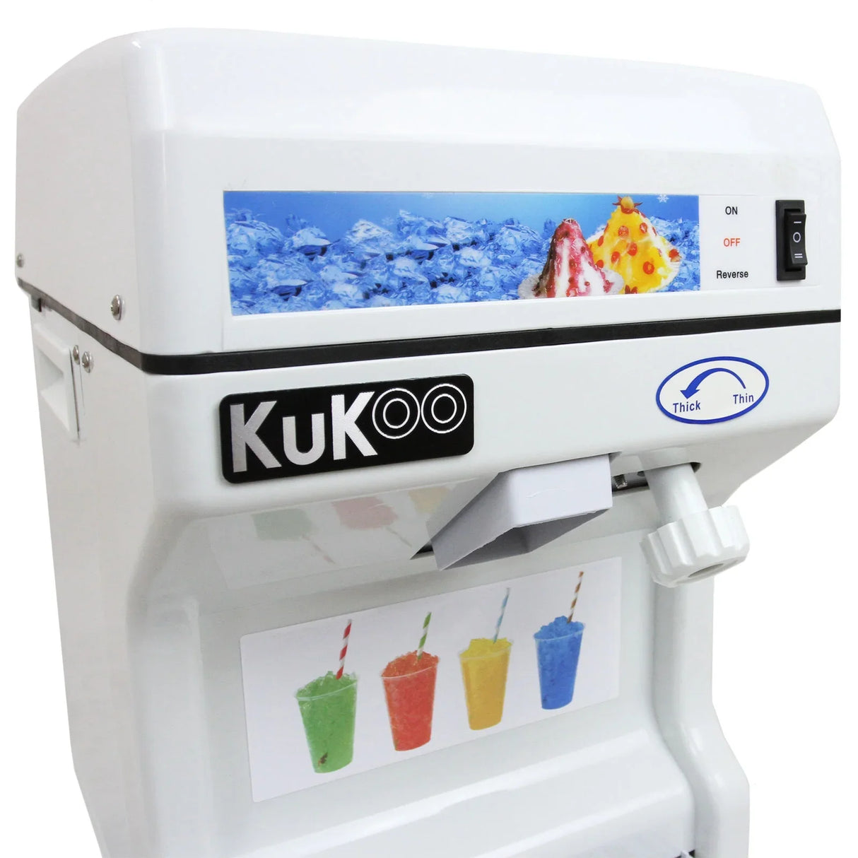 KuKoo Ice Shaver in white, featuring a control panel, with colorful shaved ice examples in cups and a textured ice compartment