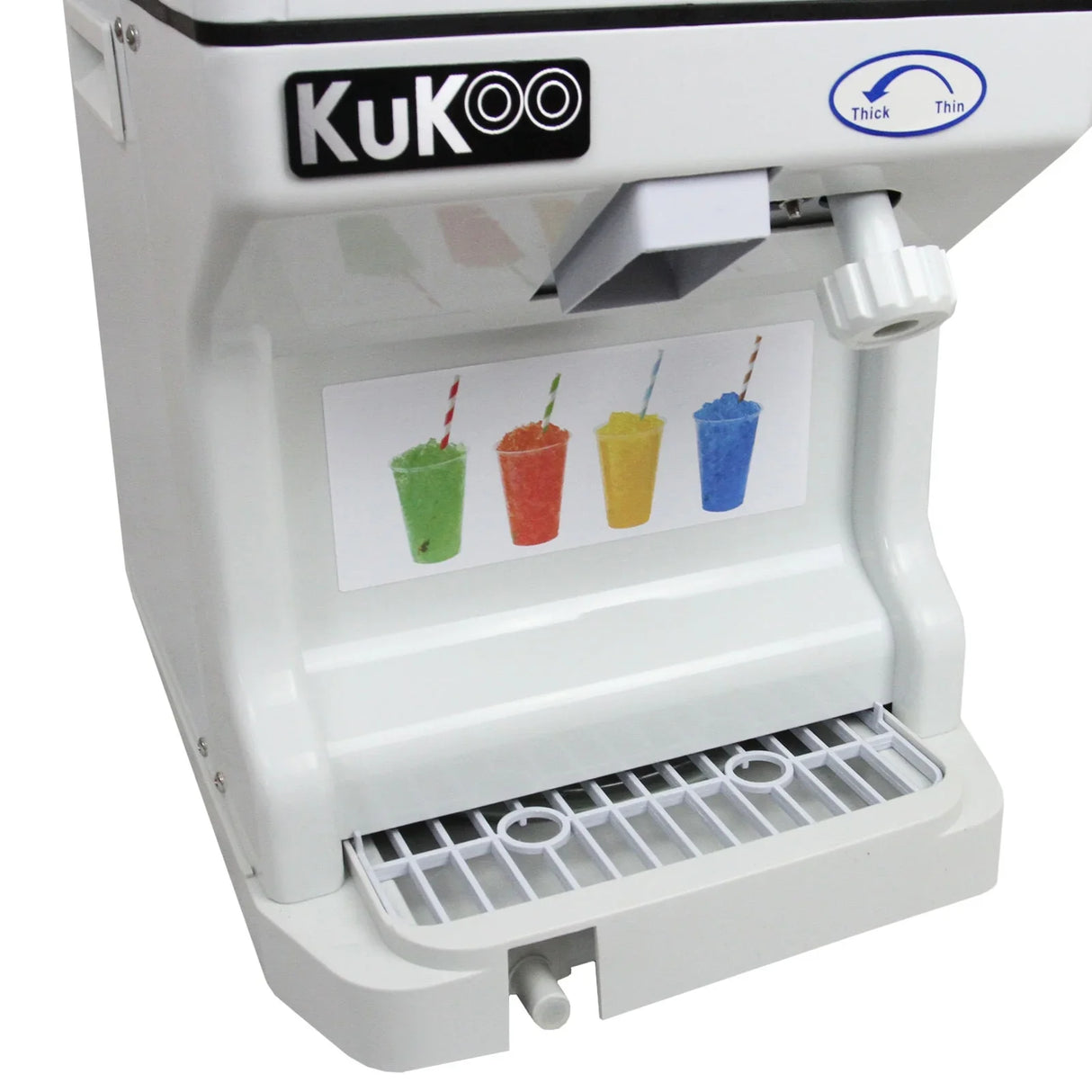 KuKoo Ice Shaver in white with adjustable thickness, featuring a colorful graphic of slush drinks and a drip tray for easy cleanup