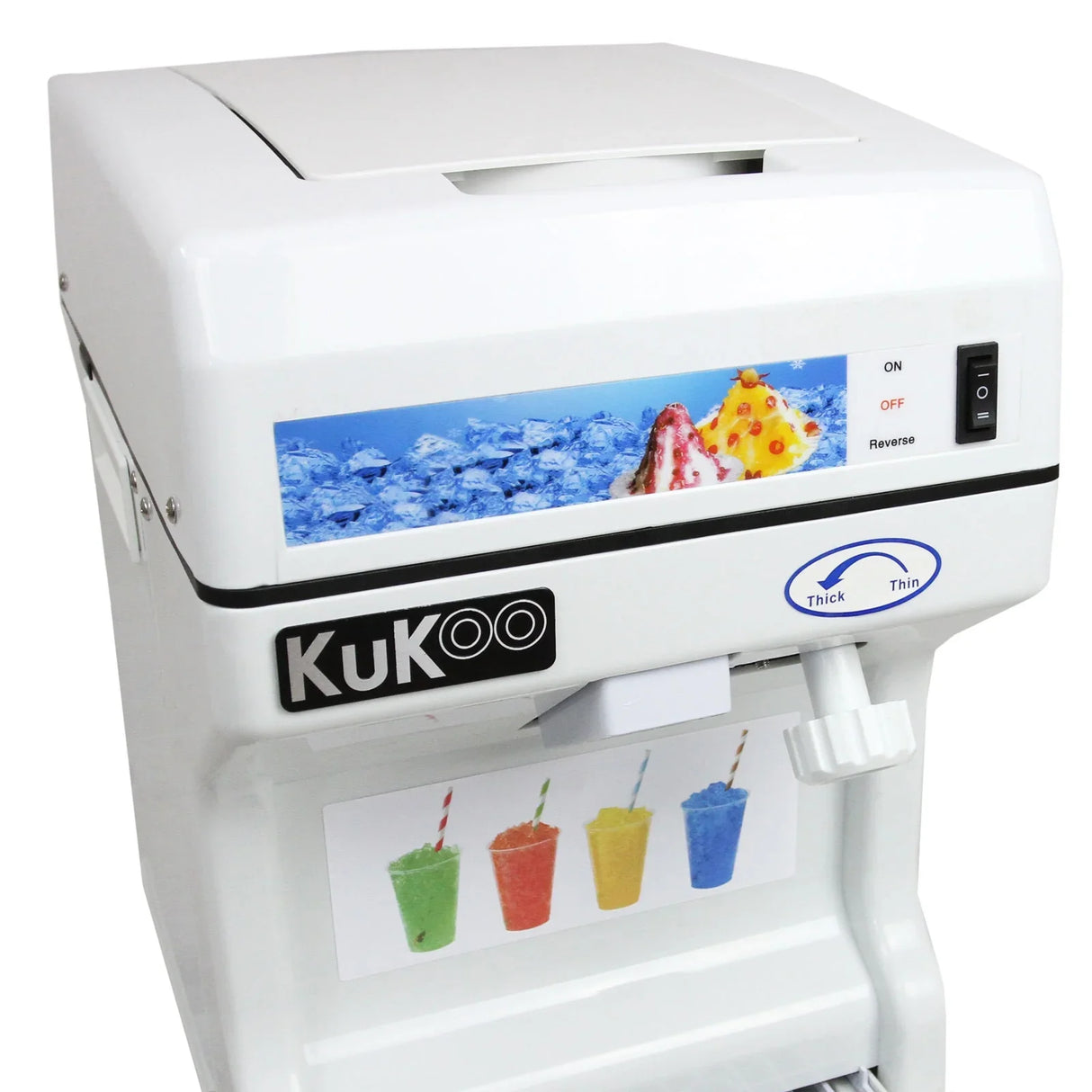KuKoo Ice Shaver in white with a blue ice display, featuring controls for thickness and reverse, ideal for making shaved ice treats